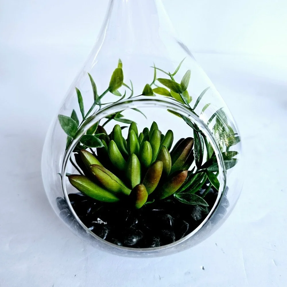 Set of 2 Glass Teardrop‎ Hanging Terrariums with Faux Succulents Home Decor